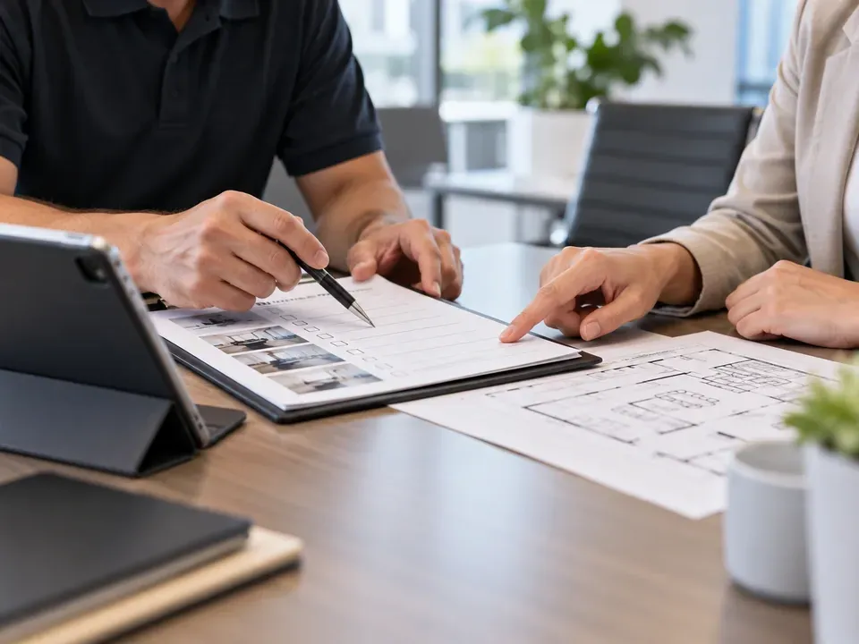 Cleaning professional and customer reviewing a service checklist and floor plan