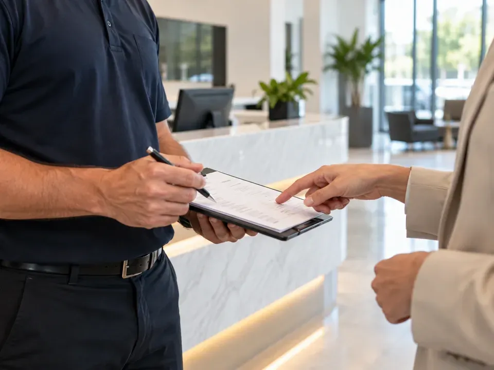 Cleaning representative reviewing an estimate form with a customer