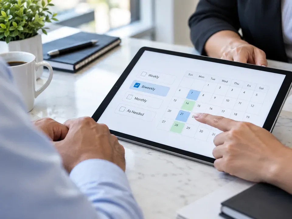 Customer selecting a recurring cleaning schedule on a tablet