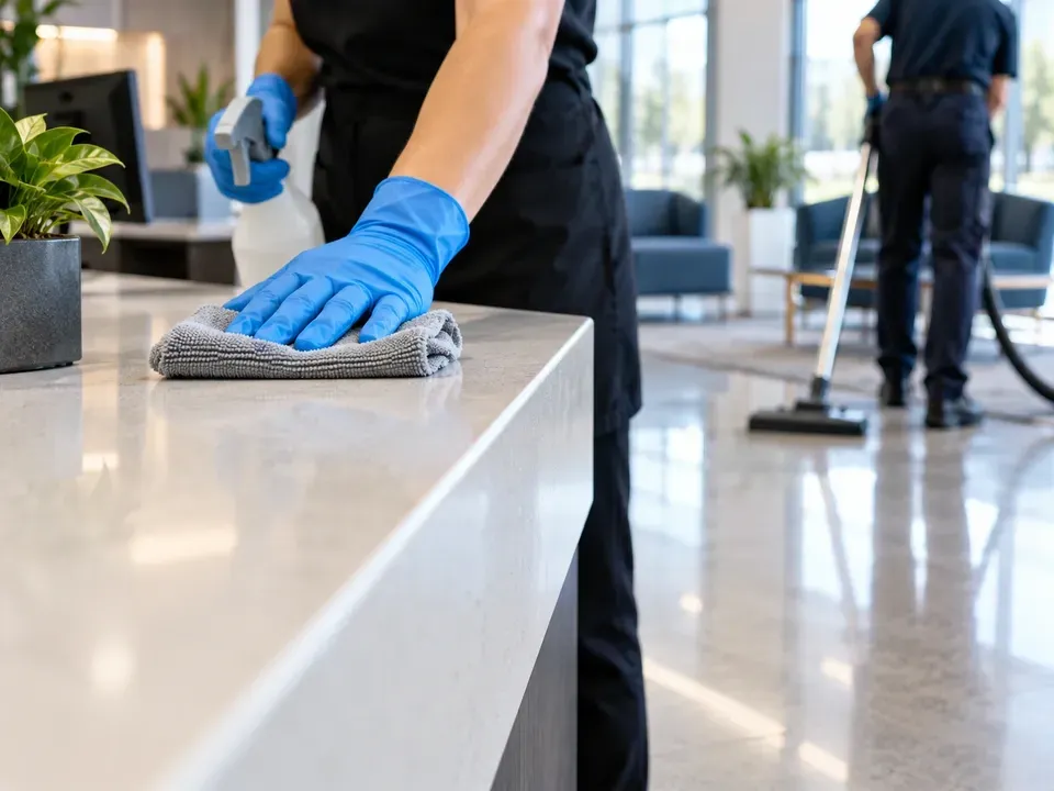 Commercial cleaners wiping a countertop and vacuuming an office floor