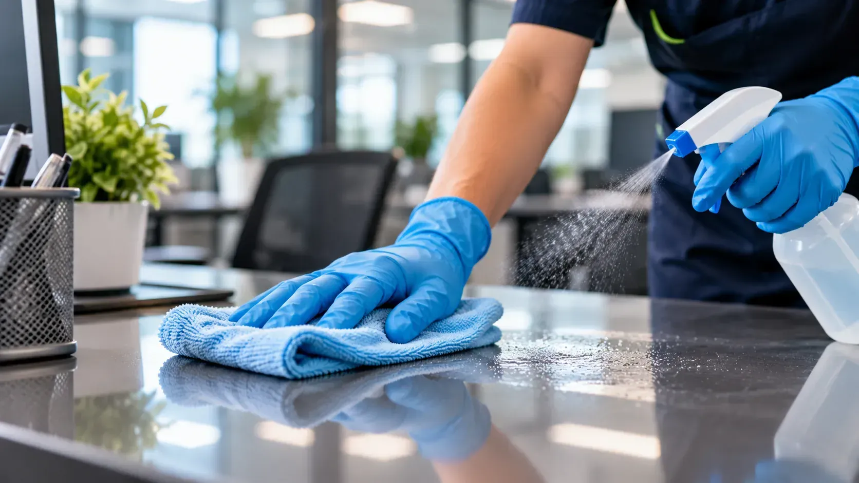 Janitorial worker cleaning a commercial office with a microfiber cloth and spray cleaner.