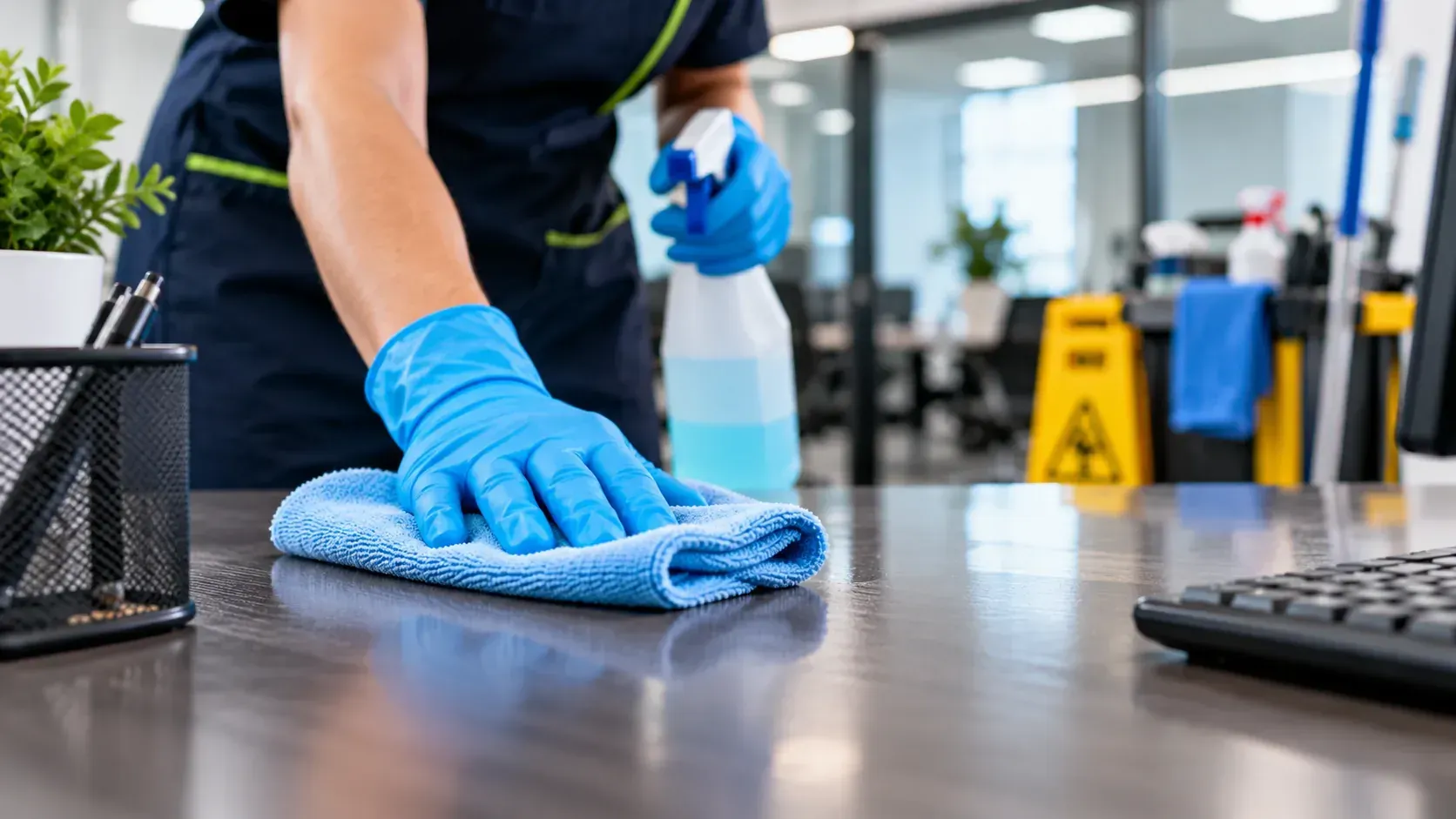 Professional cleaner spraying and wiping a commercial office surface.