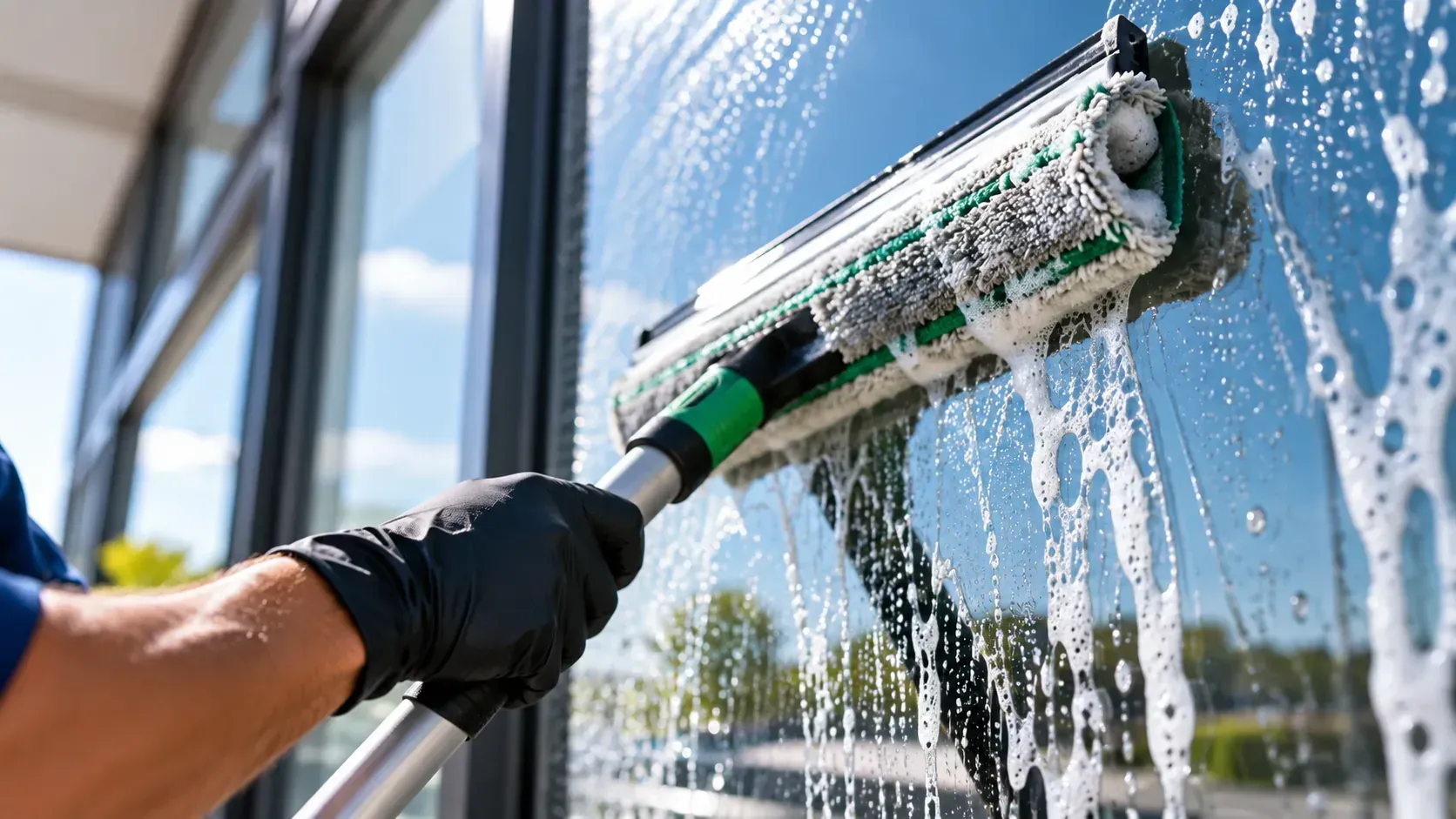 Professional cleaner washing a commercial window with a squeegee.