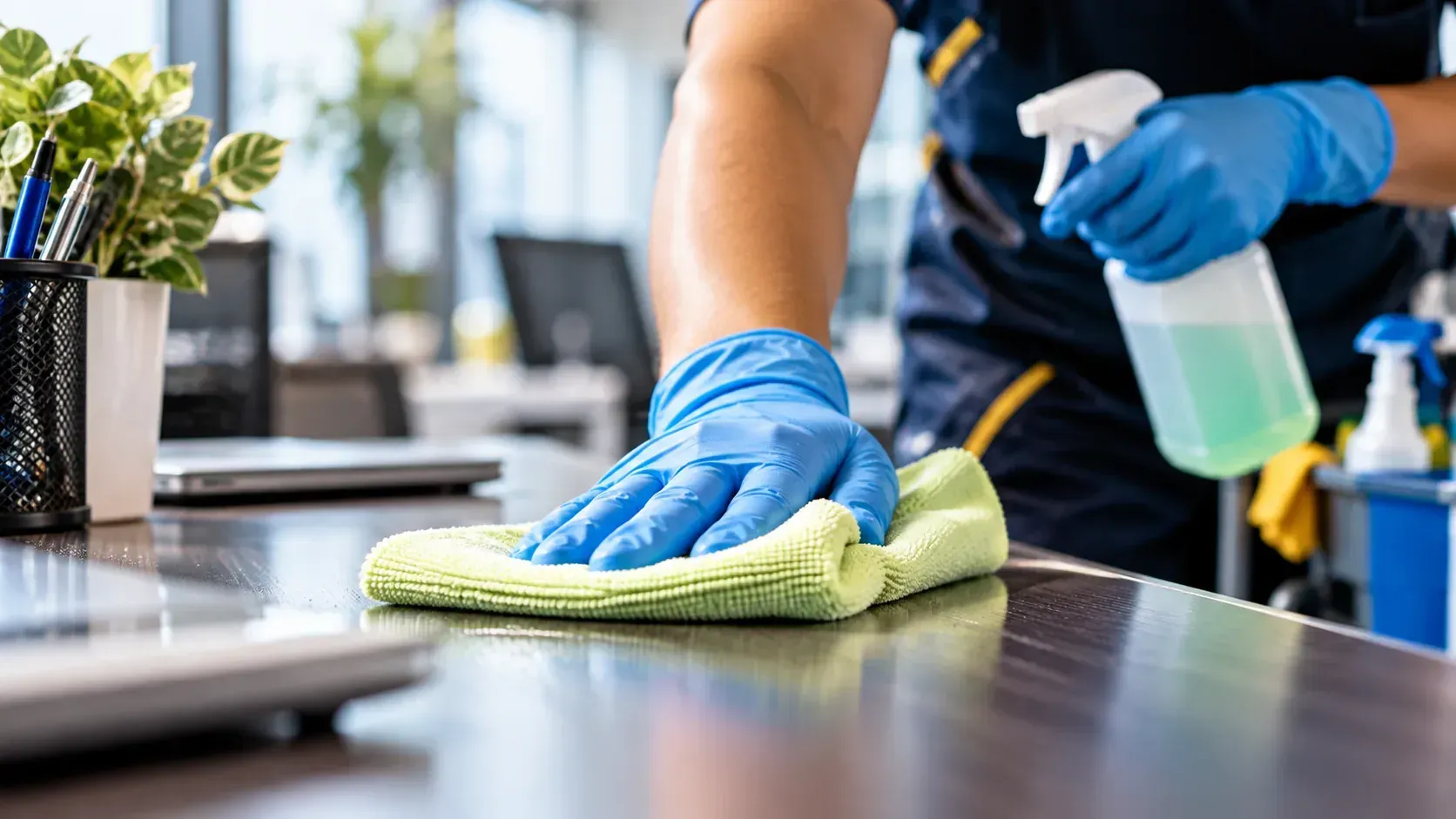 Cleaner wiping an office surface with a microfiber cloth during customized cleaning service.