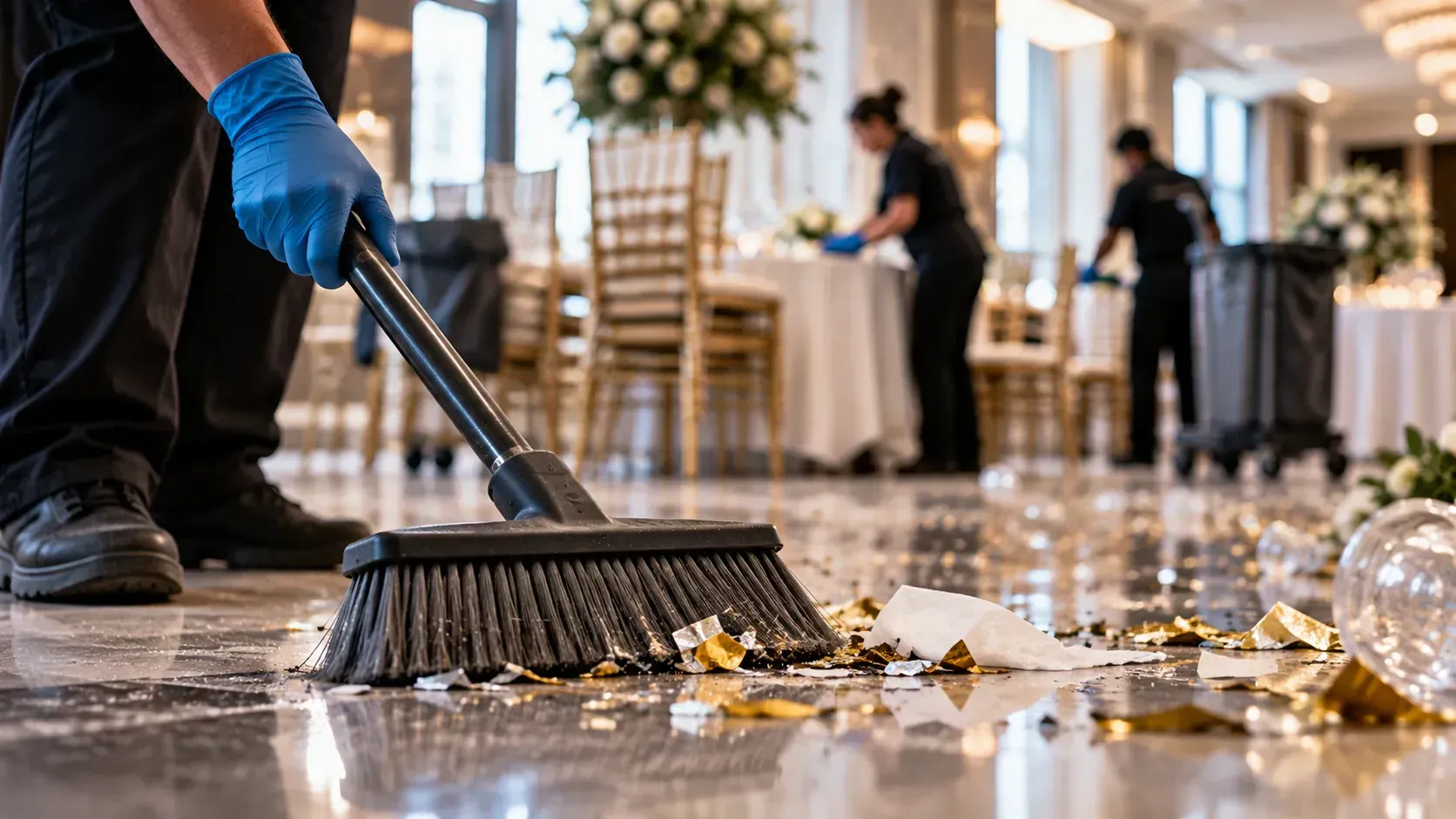 Cleaning professional removing event debris from a polished event venue floor.