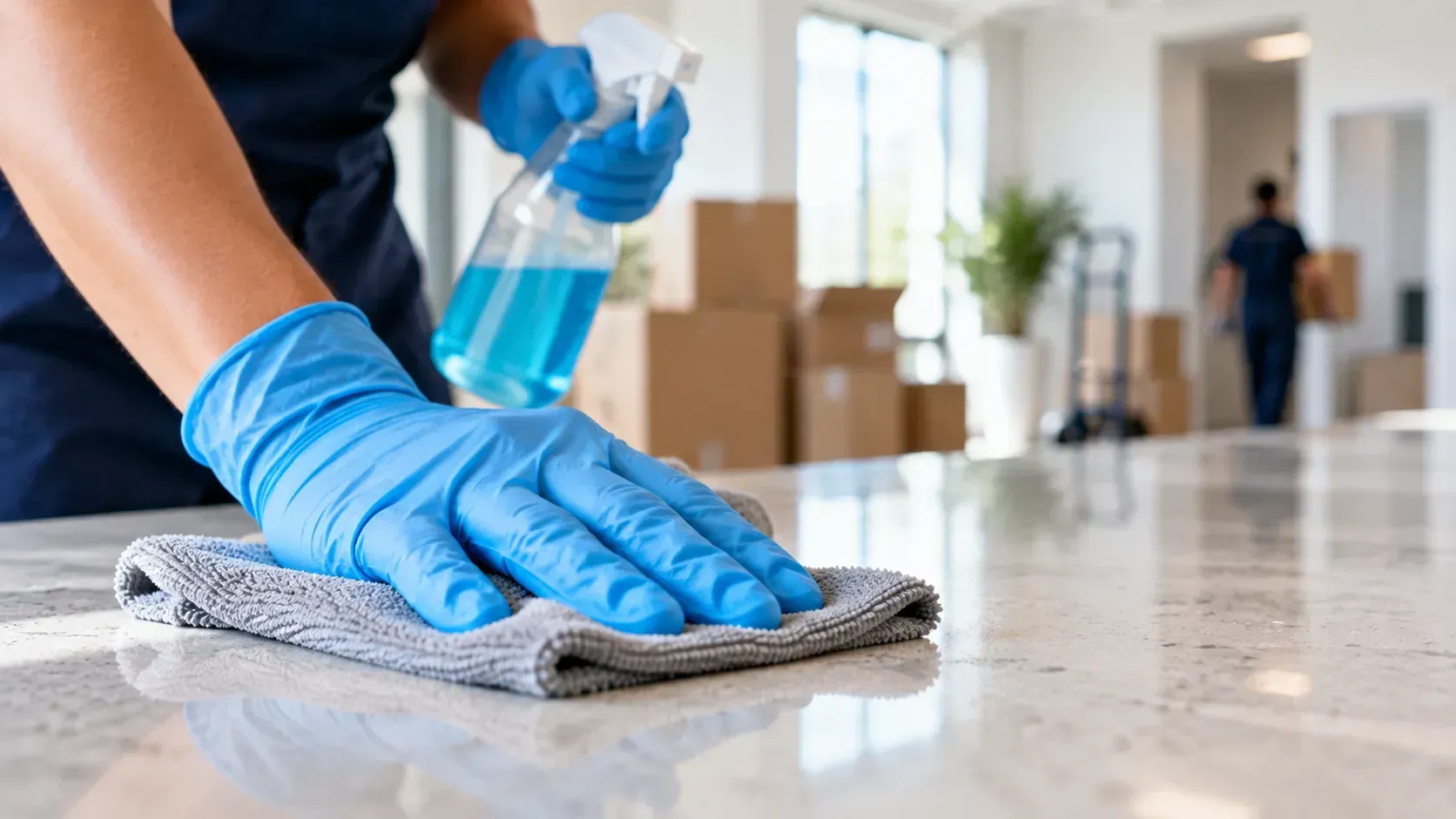 Cleaner preparing a commercial space for move-in or move-out with surface cleaning.