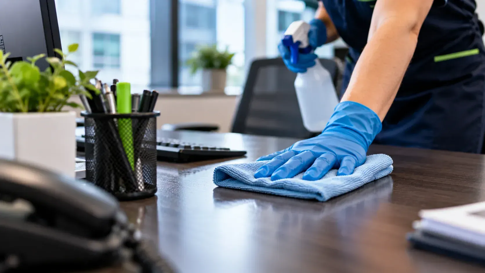Professional cleaner wiping an office desk with a microfiber cloth.