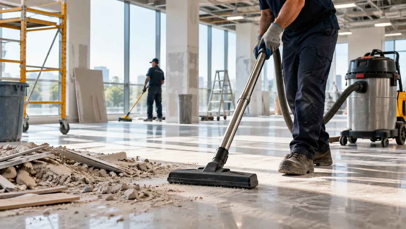 Cleaning professional vacuuming construction dust and debris from a newly renovated commercial space.