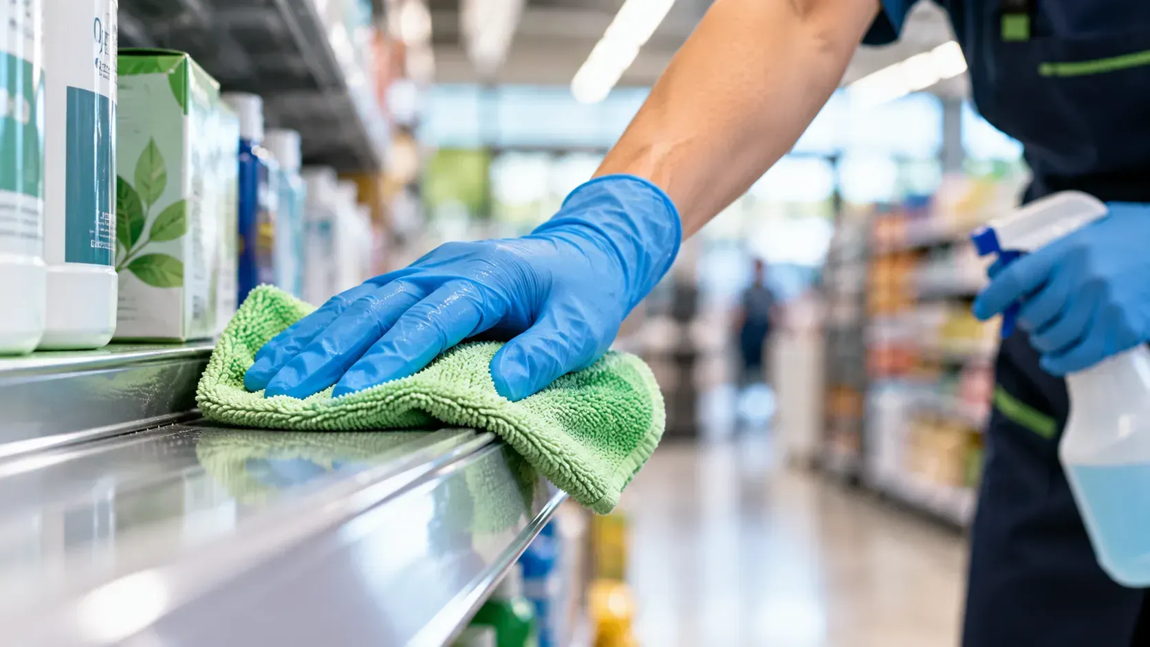 Cleaner wiping a retail store surface with a microfiber cloth.