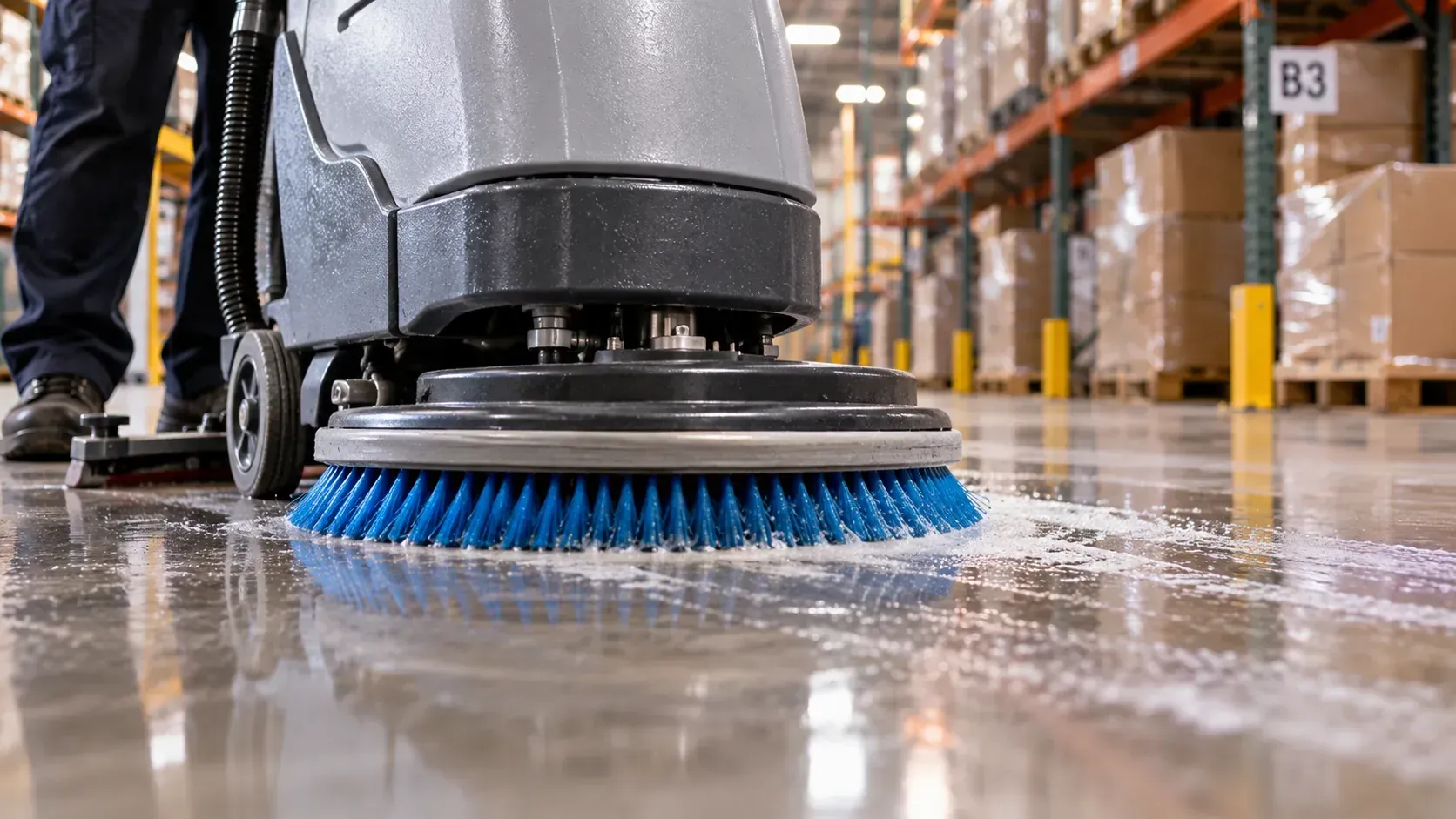 Industrial floor scrubber cleaning the floor of a warehouse.