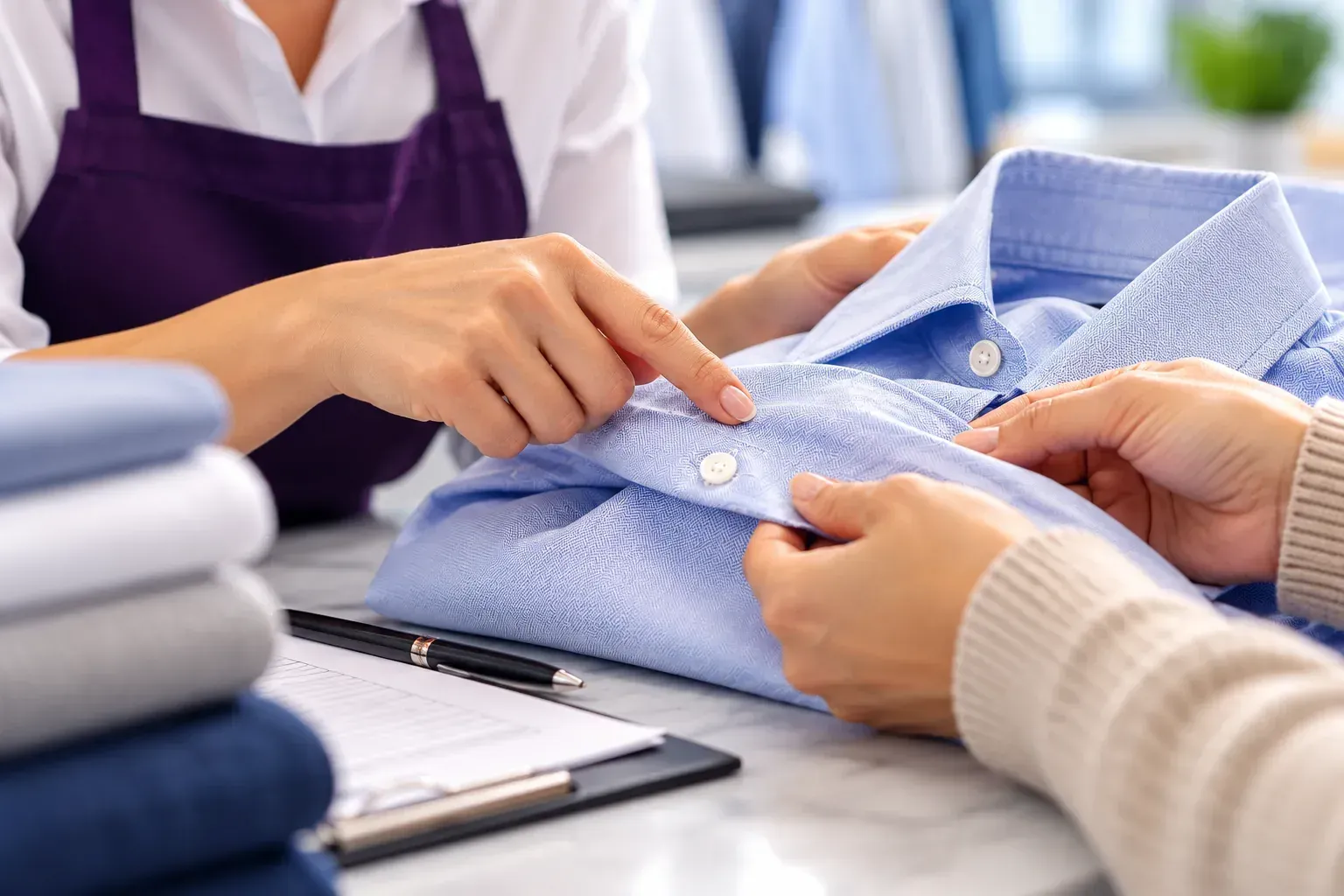Cleaning professional inspecting a freshly cleaned shirt with a customer during garment care service.