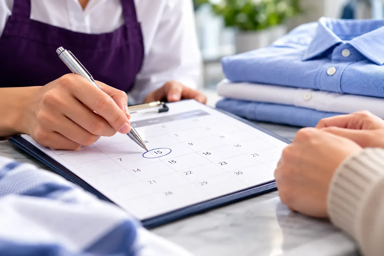 Cleaning professional and customer reviewing a service schedule with freshly cleaned garments.