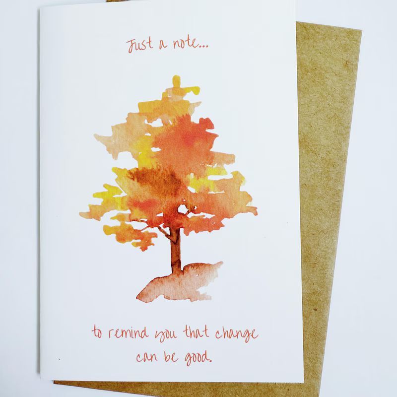 Card with watercolor tree in autumn colors, text: 