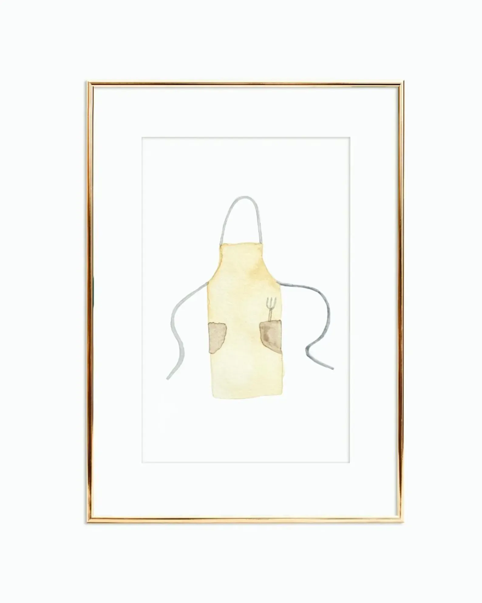 Watercolor of a yellow apron with gray ties and pocket, framed in gold.