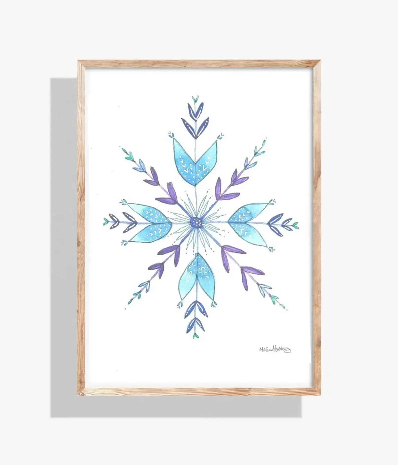 Watercolor snowflake in a wooden frame; light blue and purple colors on white background.