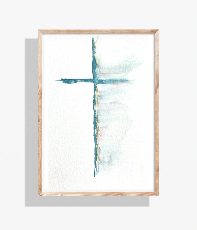 Watercolor painting of a blue cross, in a wooden frame, on white background.