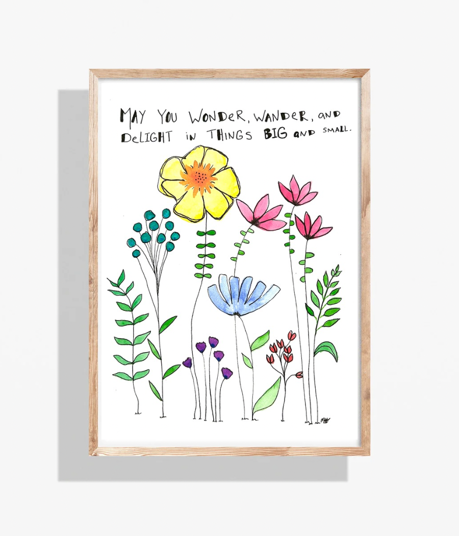 Watercolor flowers with text in a wooden frame. Yellow, pink, blue, green and purple flowers.