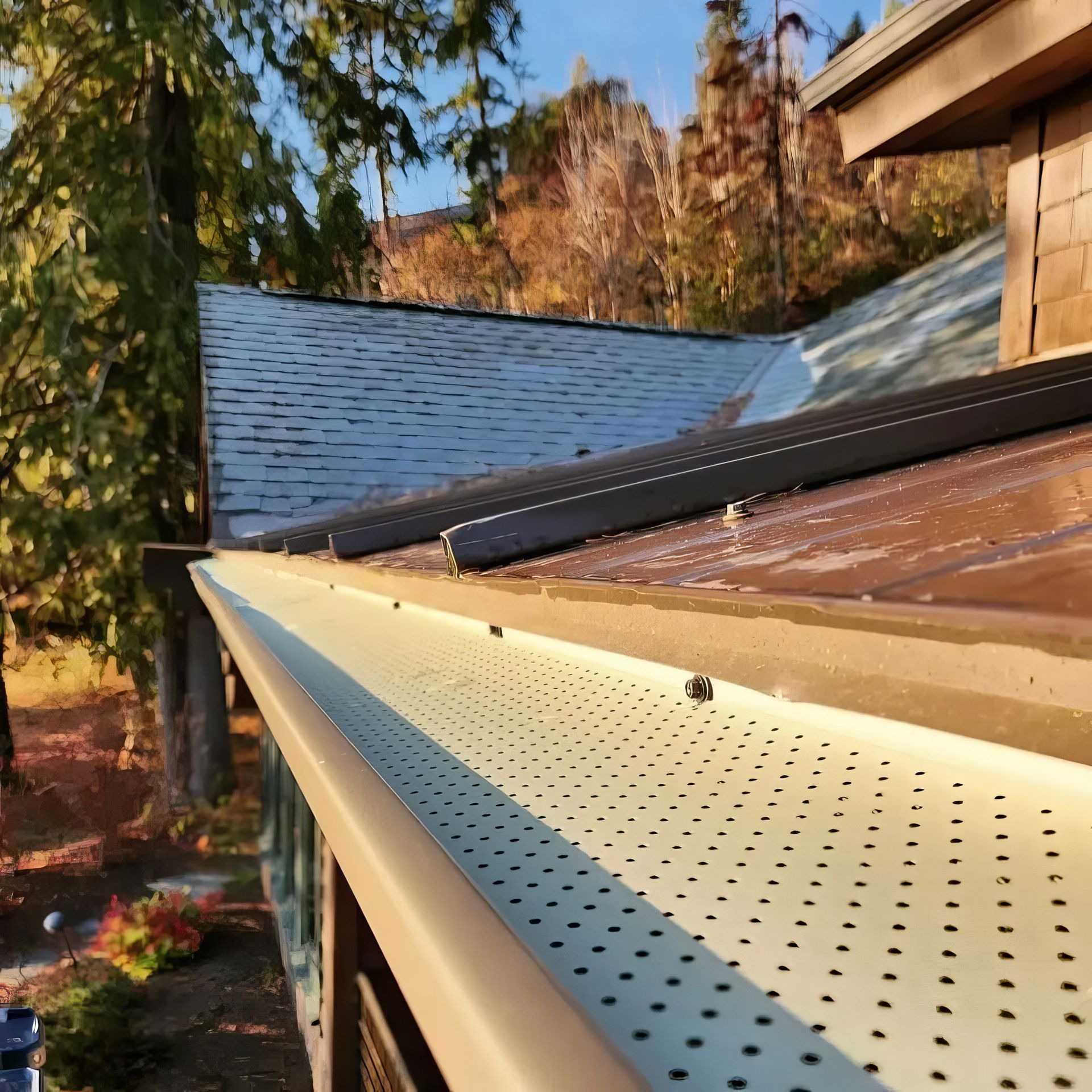 Gutter and perforated leaf guard on a house roof with trees and autumn foliage in the background