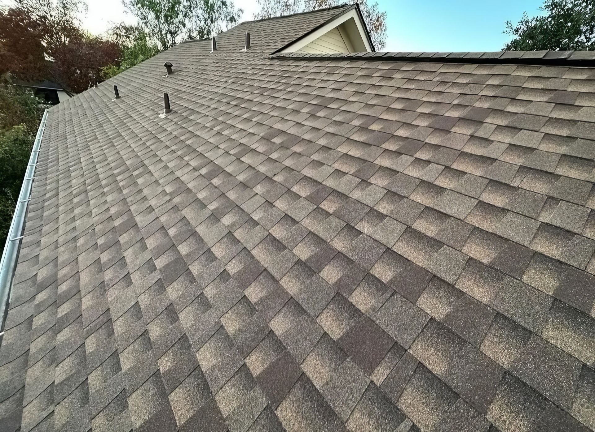 Sloped shingle roof with dark gray weathered shingles and vents, viewed from above