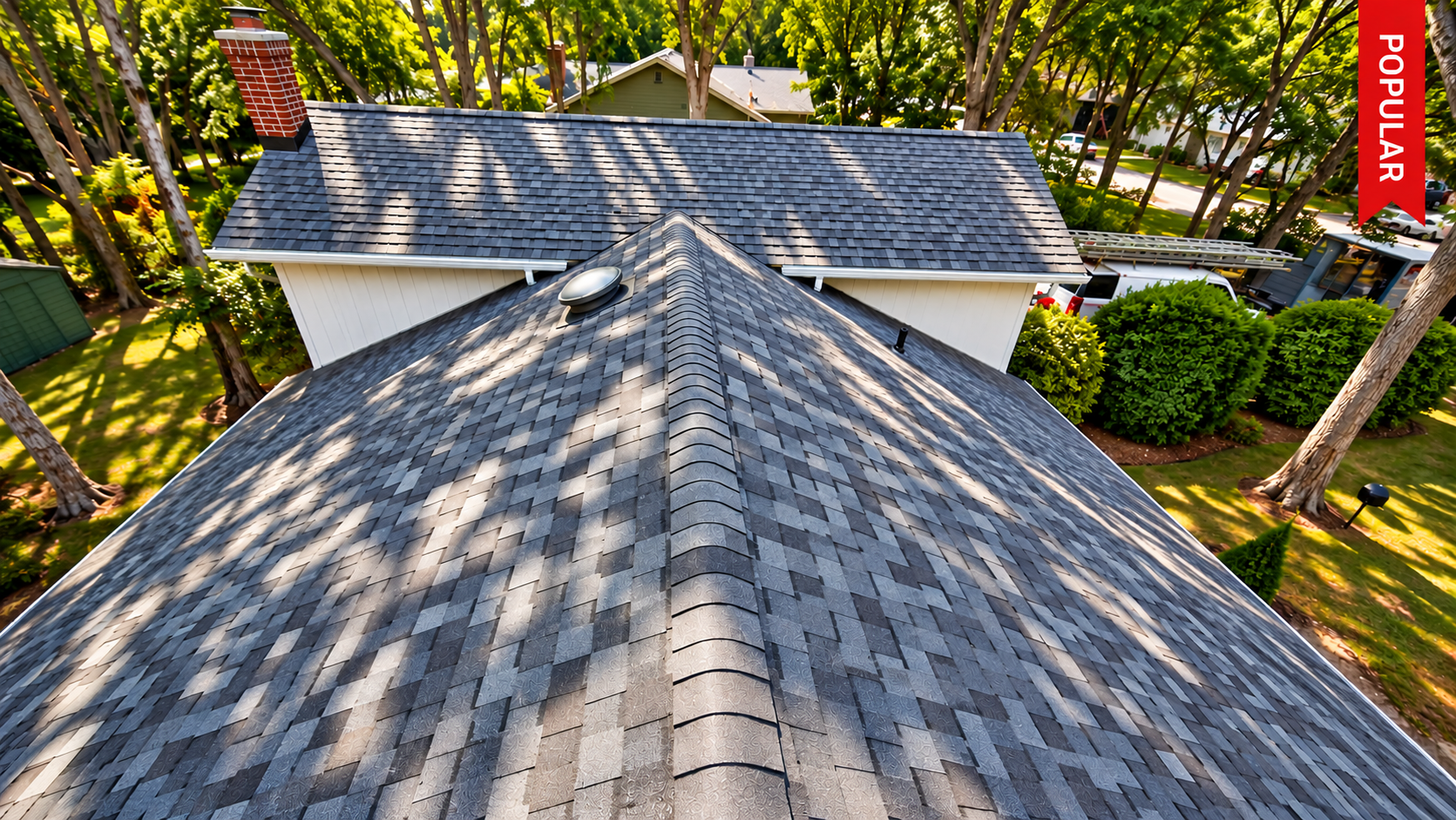Roof view of a house surrounded by trees, with sunlight casting shadows across gray shingles.