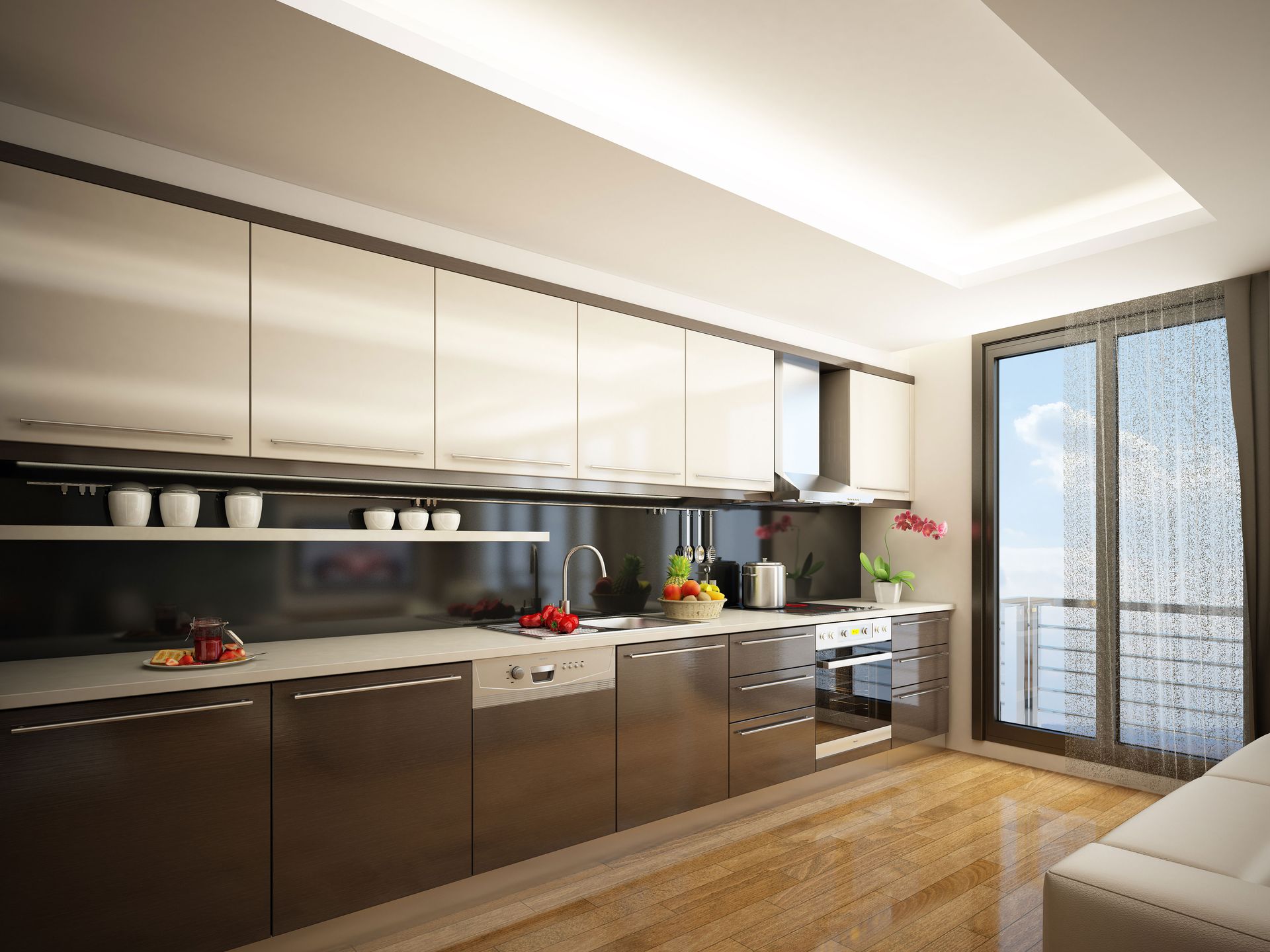 Kitchen splashback. Dark grey in modern kitchen design.