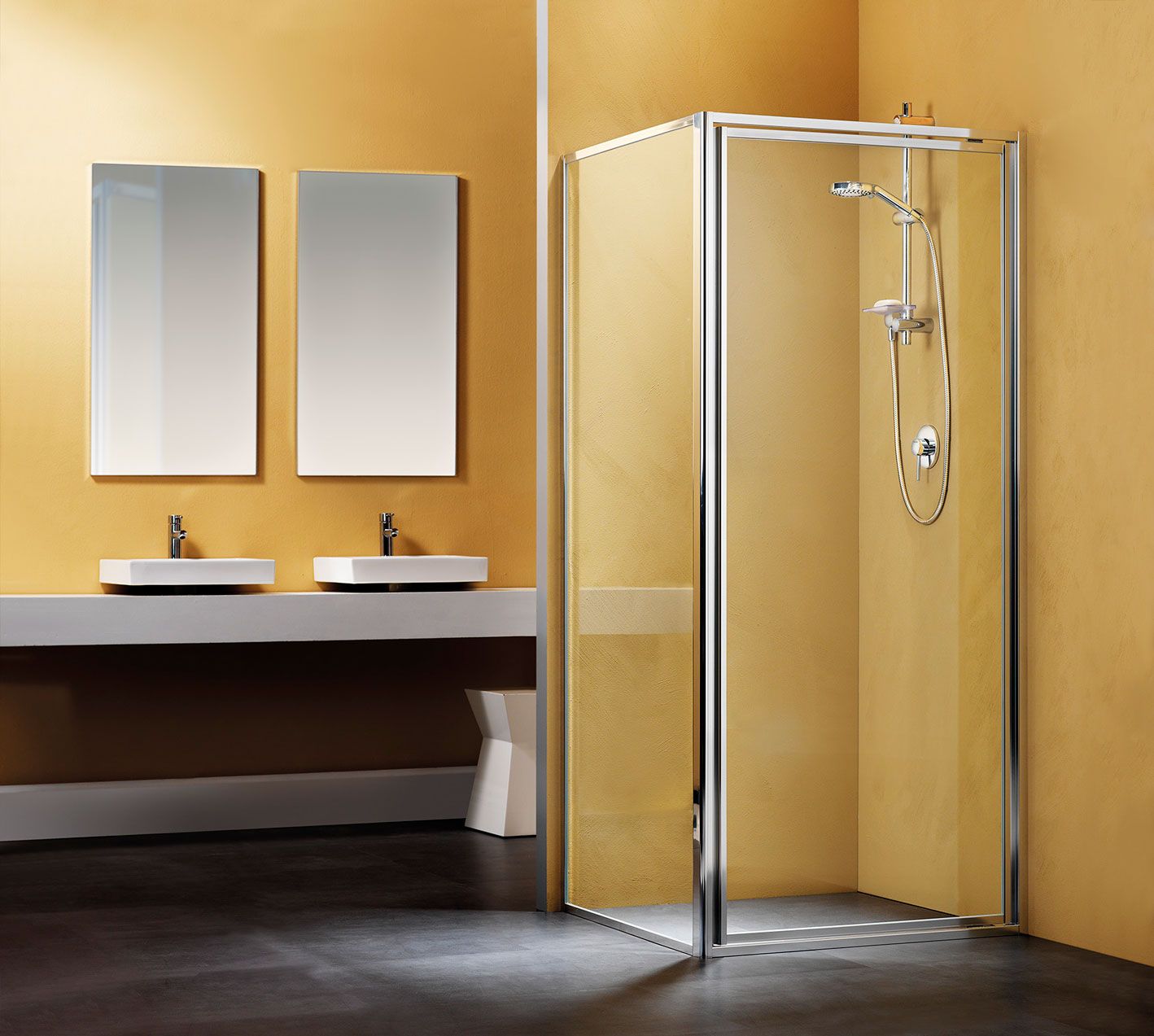 Framed shower screens in trendy orange bathroom with 2 mirrors on the back wall