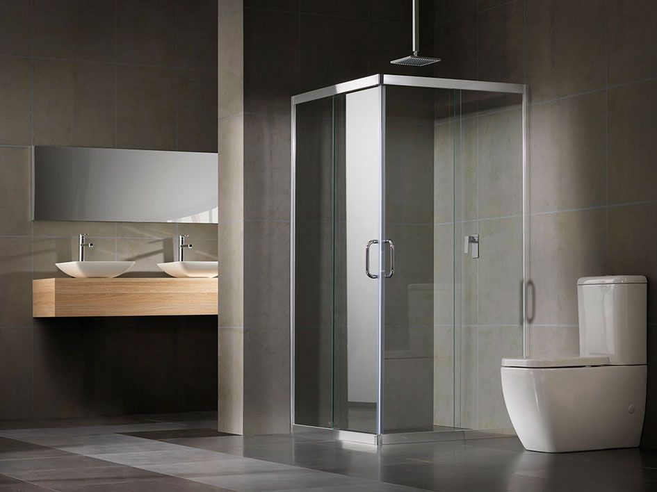 Corner entry semi frameless shower screen made for small bathrooms with limited access