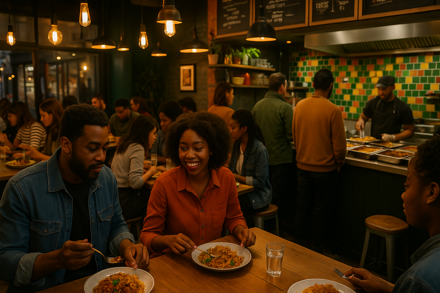 Collage of diverse Black-owned restaurant owners and chefs in the UK, standing proudly in their vib