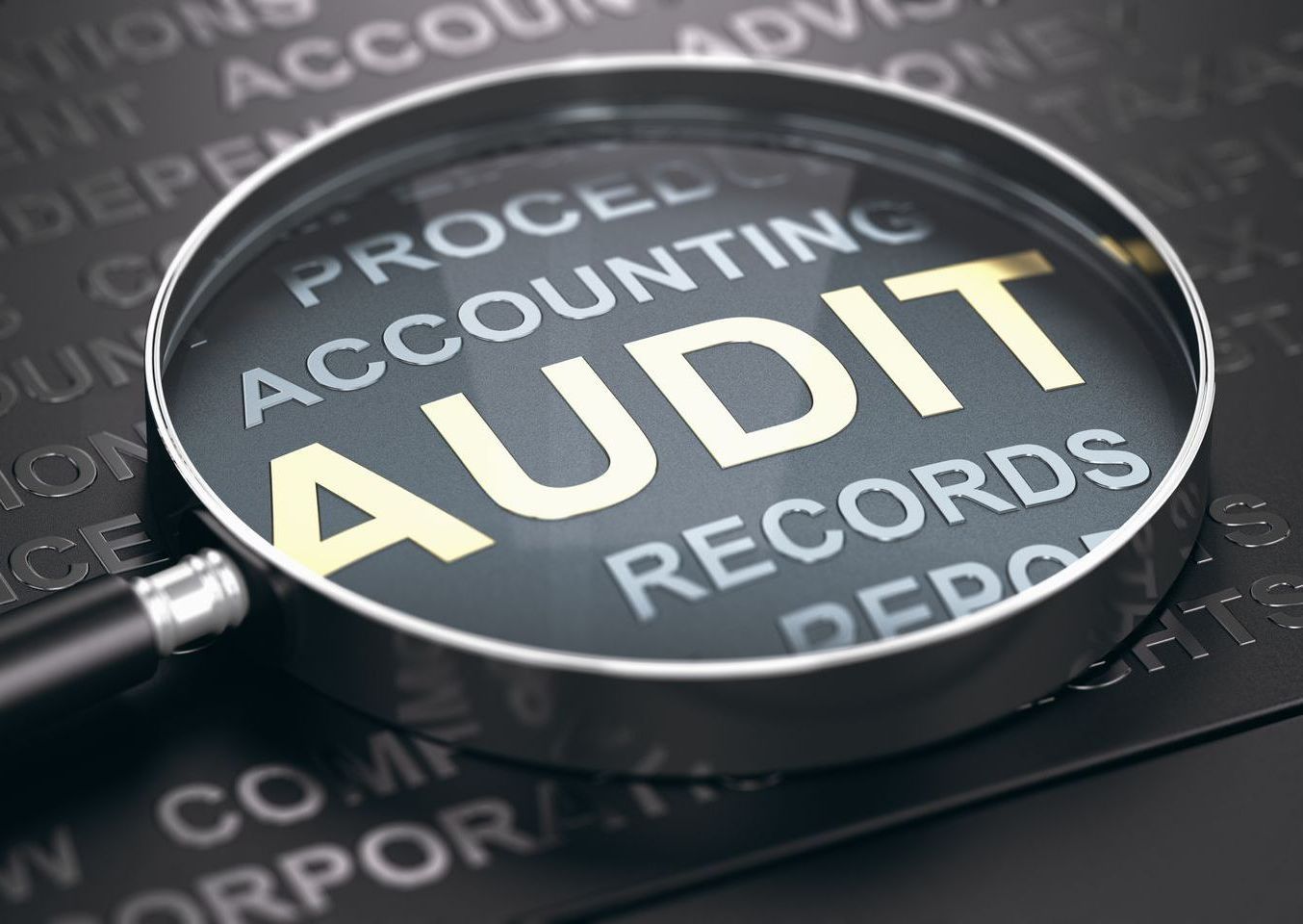 A magnifying glass with the word audit on it