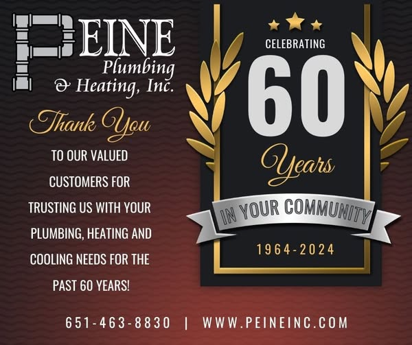 Advertisement for Peine Plumbing & Heating, Inc., celebrating 60 years. Features text, gold accents, and a dark background.
