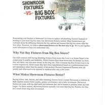 Text comparing showroom fixtures to big box fixtures; shopping cart in background.