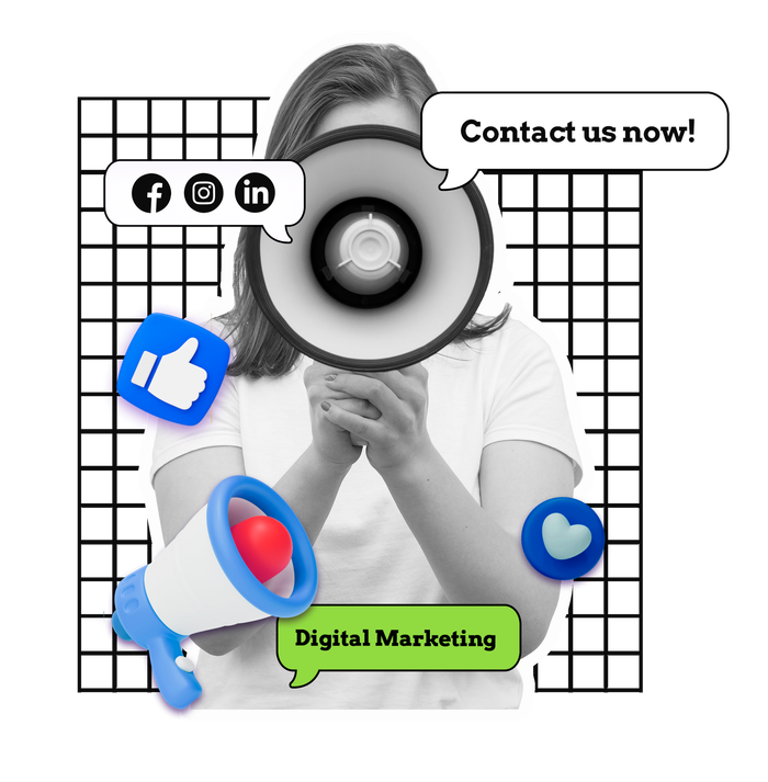 A woman is holding a megaphone in front of her face surrounded by social media icons.