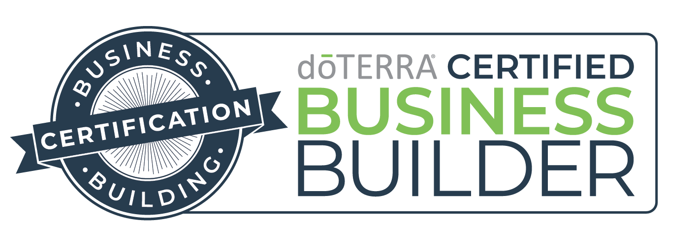 DōTERRA Certified Business Builder-badge, marineblauw en groen, rond certificeringszegel met witte tekst.