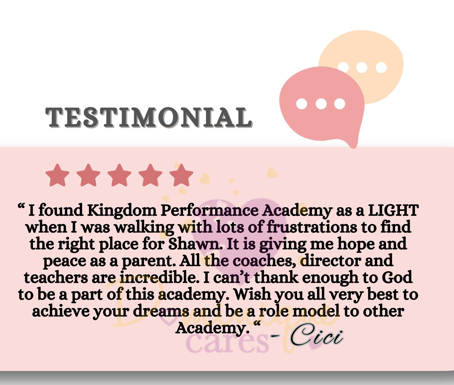 Cici’s testimonial about Kingdom Performance Academy on a pink background with stars, praising coaches for bringing hope.