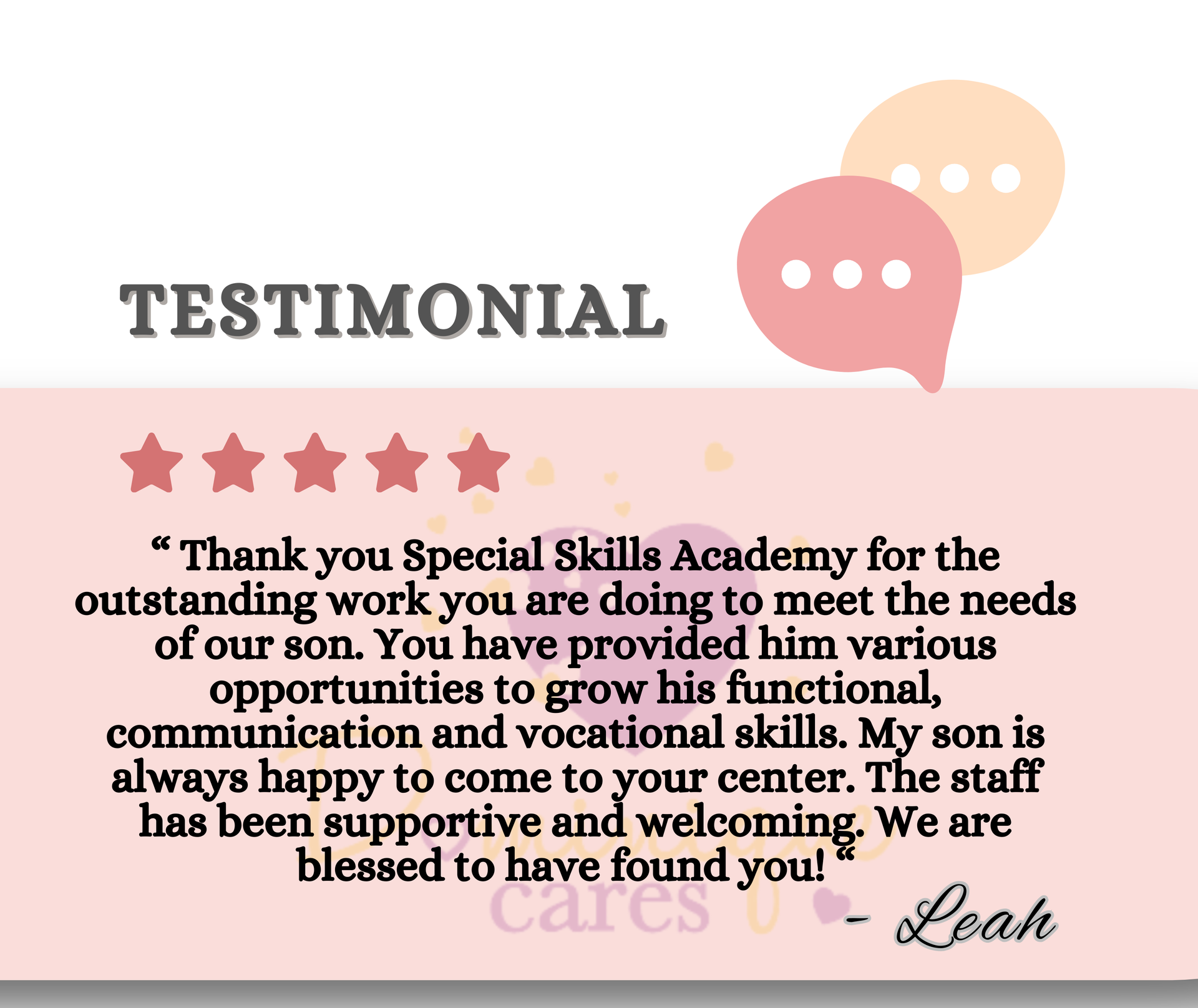 Testimonial for Special Skills Academy: pink background, five stars, quote, Leah's signature.