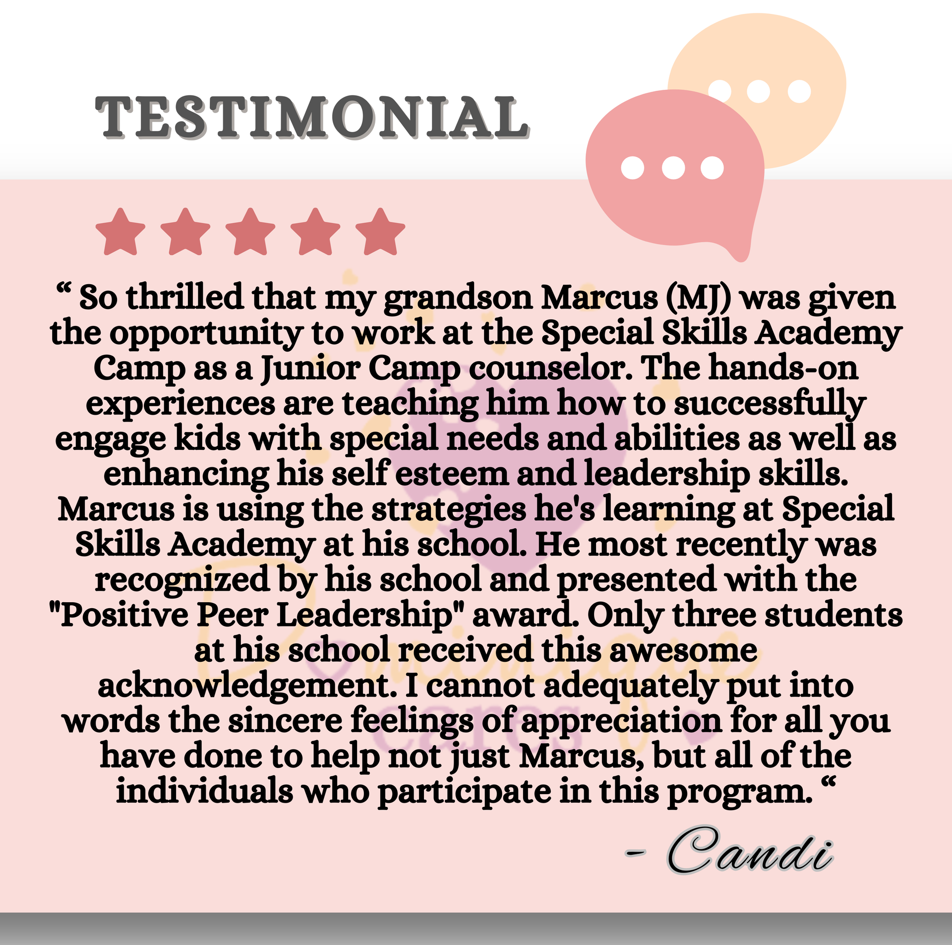 Testimonial with five stars praising a camp for teaching leadership skills; grandson earned a Positive Peer Leadership award
