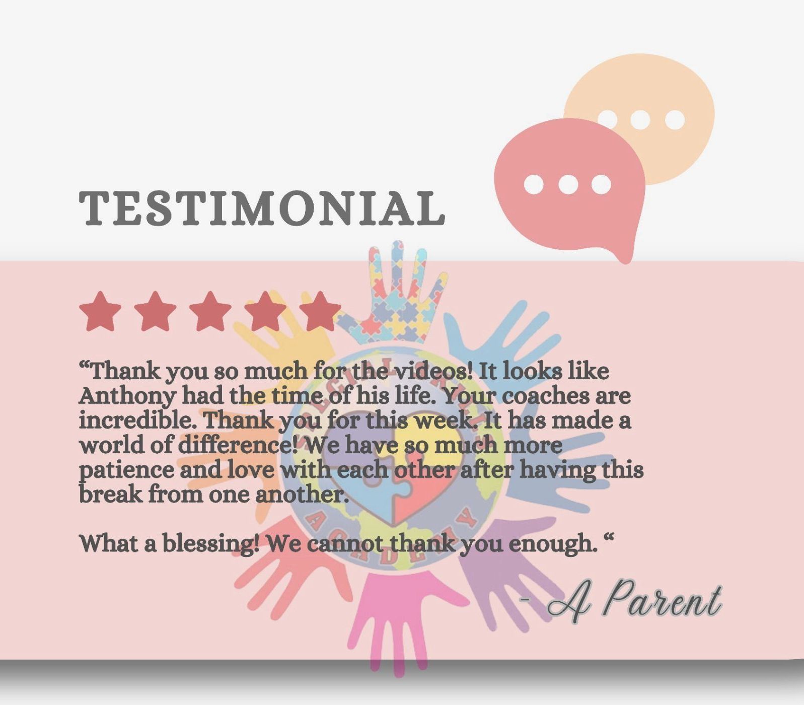 Parent’s testimonial graphic about videos for their child, Anthony, featuring a star rating and hand illustration.