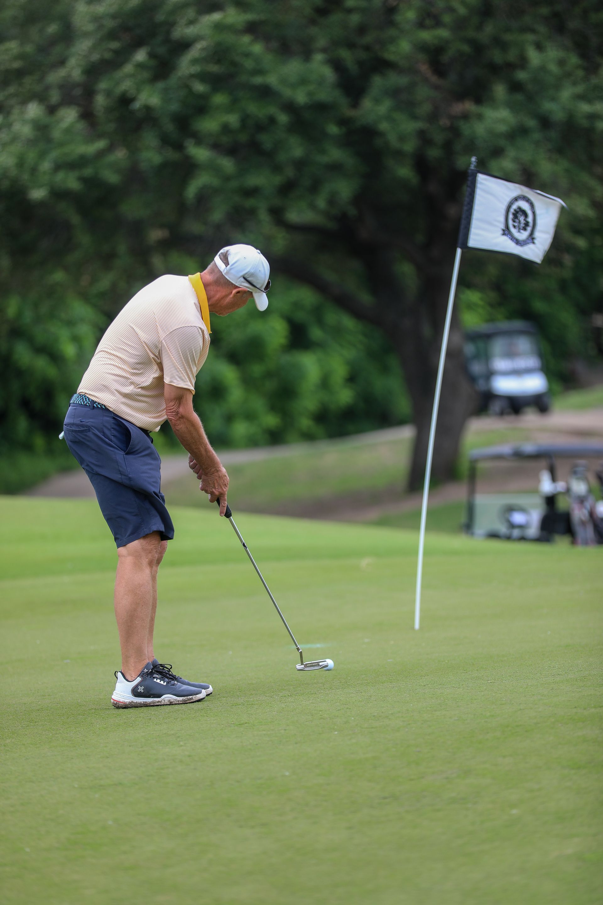 Golfer putting on green, wearing hat and shorts. Flag in background.