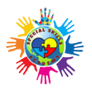Logo of Special Skills Academy: colorful hands surround a globe with a heart/puzzle, blue/yellow text.