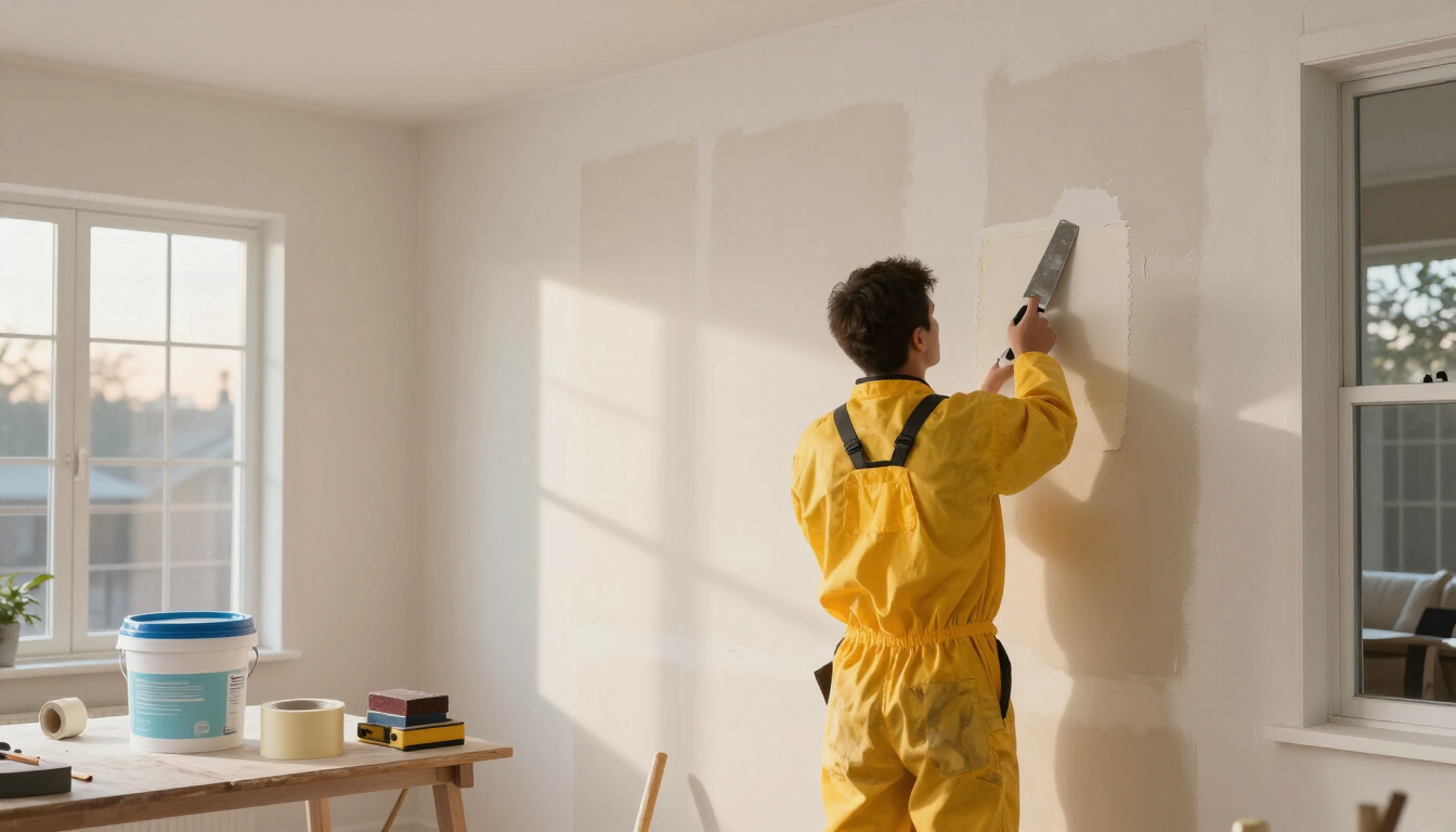 Person in yellow coveralls painting a wall white in a bright room with windows