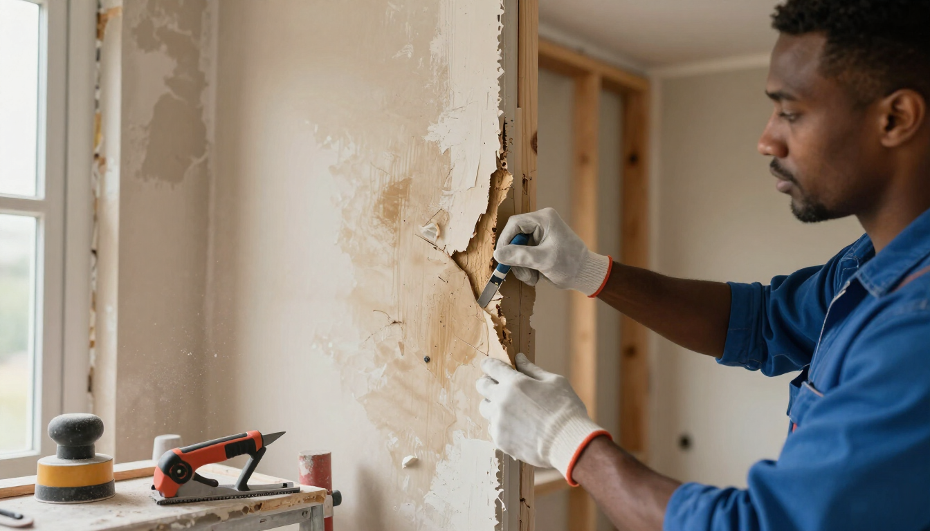 Person in blue shirt scraping peeling paint from a wall during interior repair