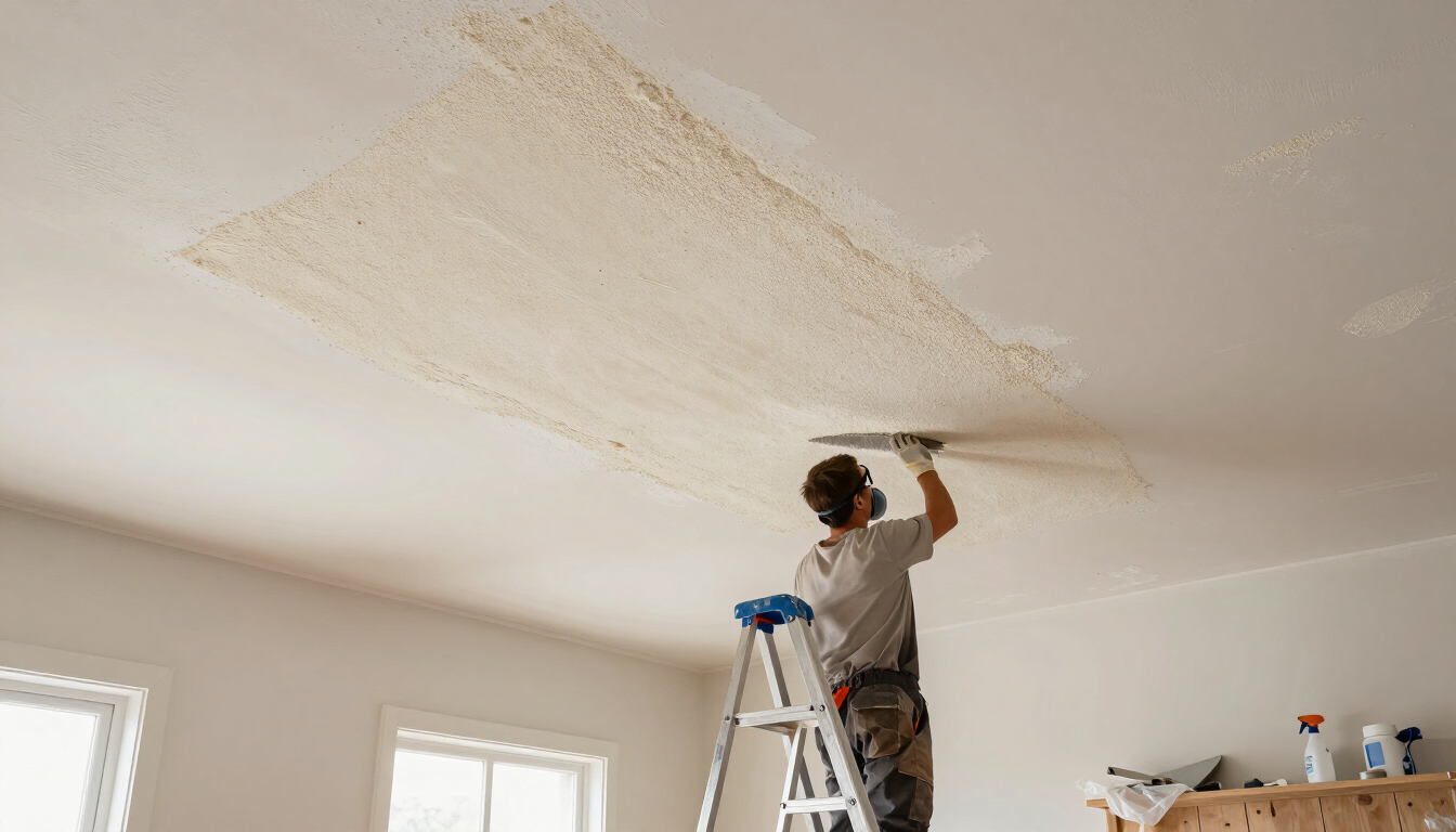 Person on a ladder patching a large stain on a white ceiling in a room