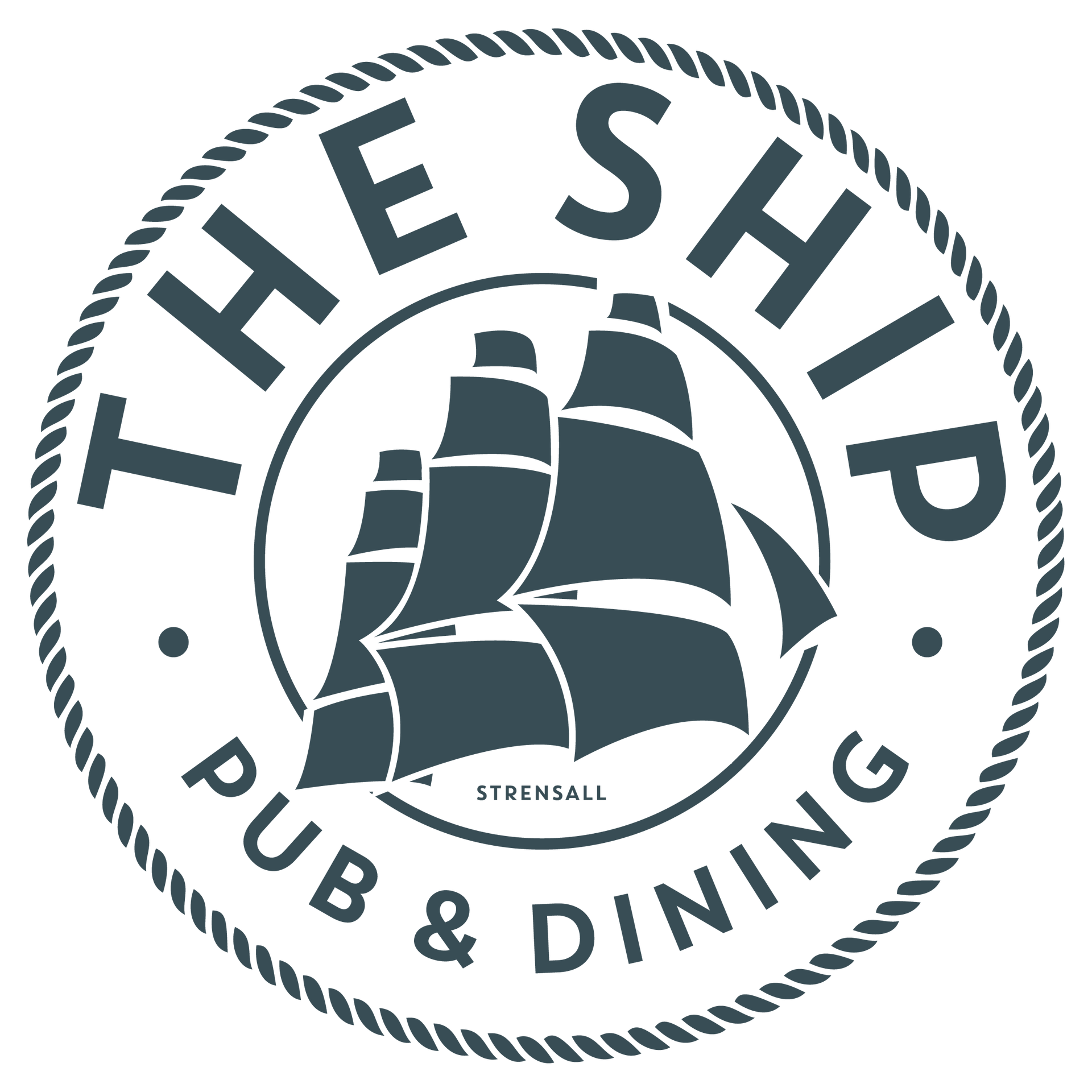 A logo for the ship pub and dining with a sailboat in the center.