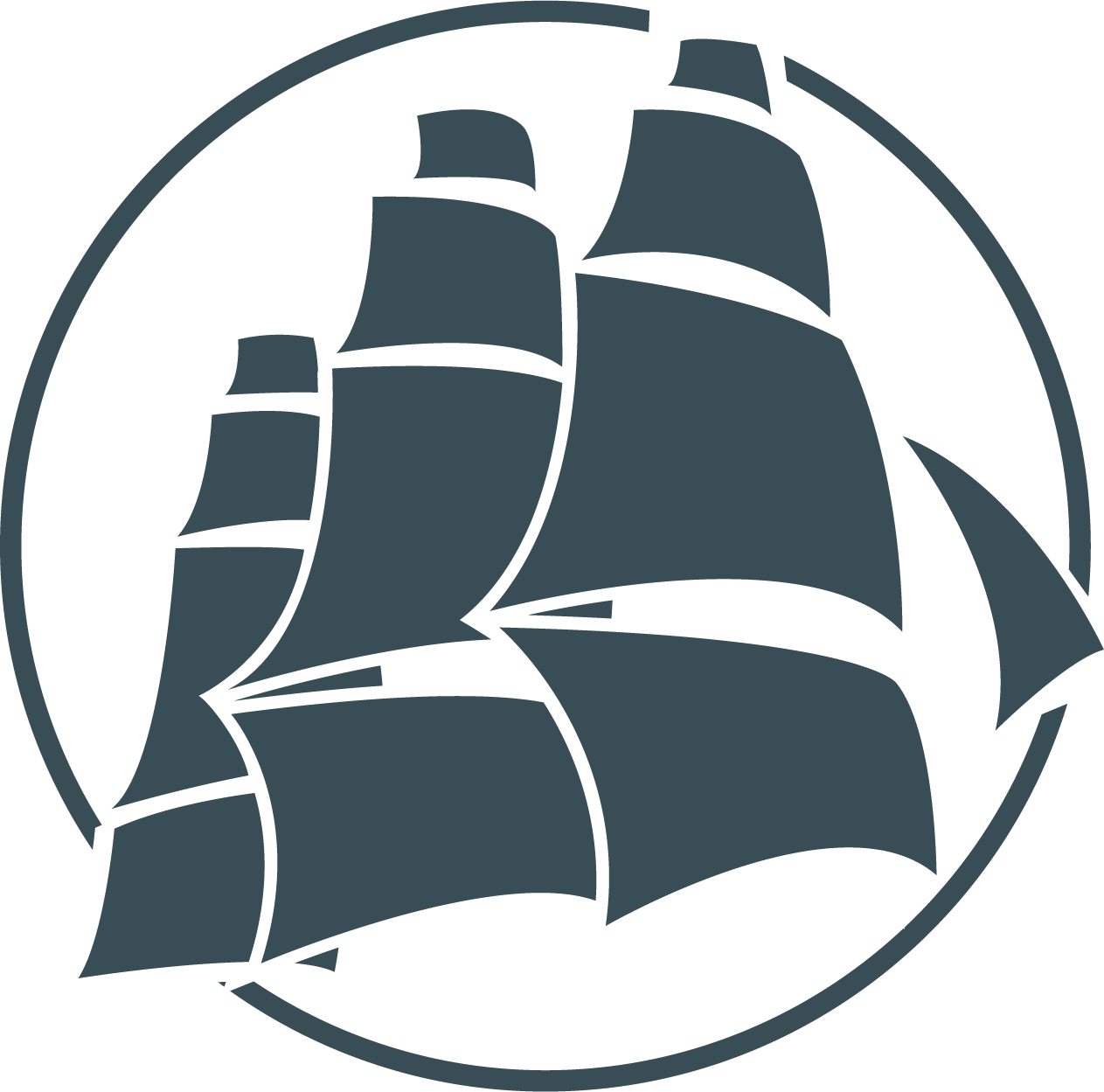 A silhouette of a sailboat in a circle on a white background.