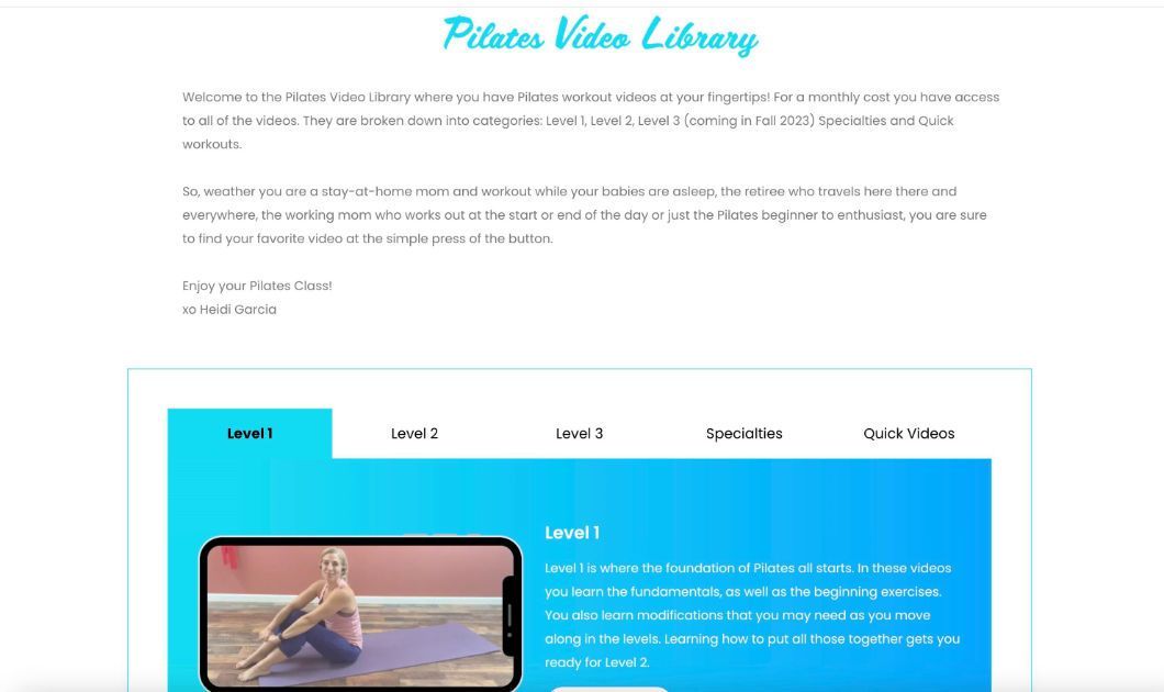 A screenshot of a website for a pilates video library.