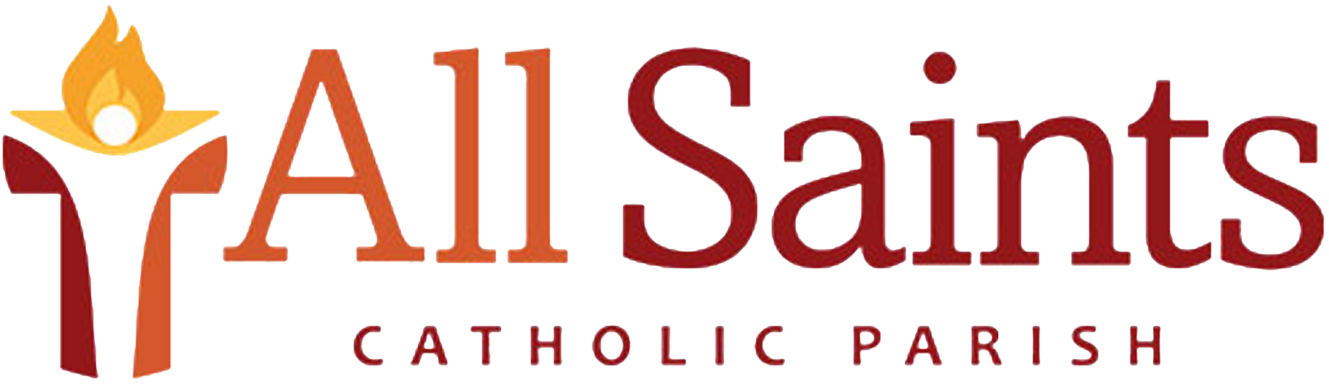 All Saints Catholic Parish logo with orange cross and stylized torch