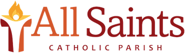 All Saints Catholic Parish logo with orange cross and stylized torch