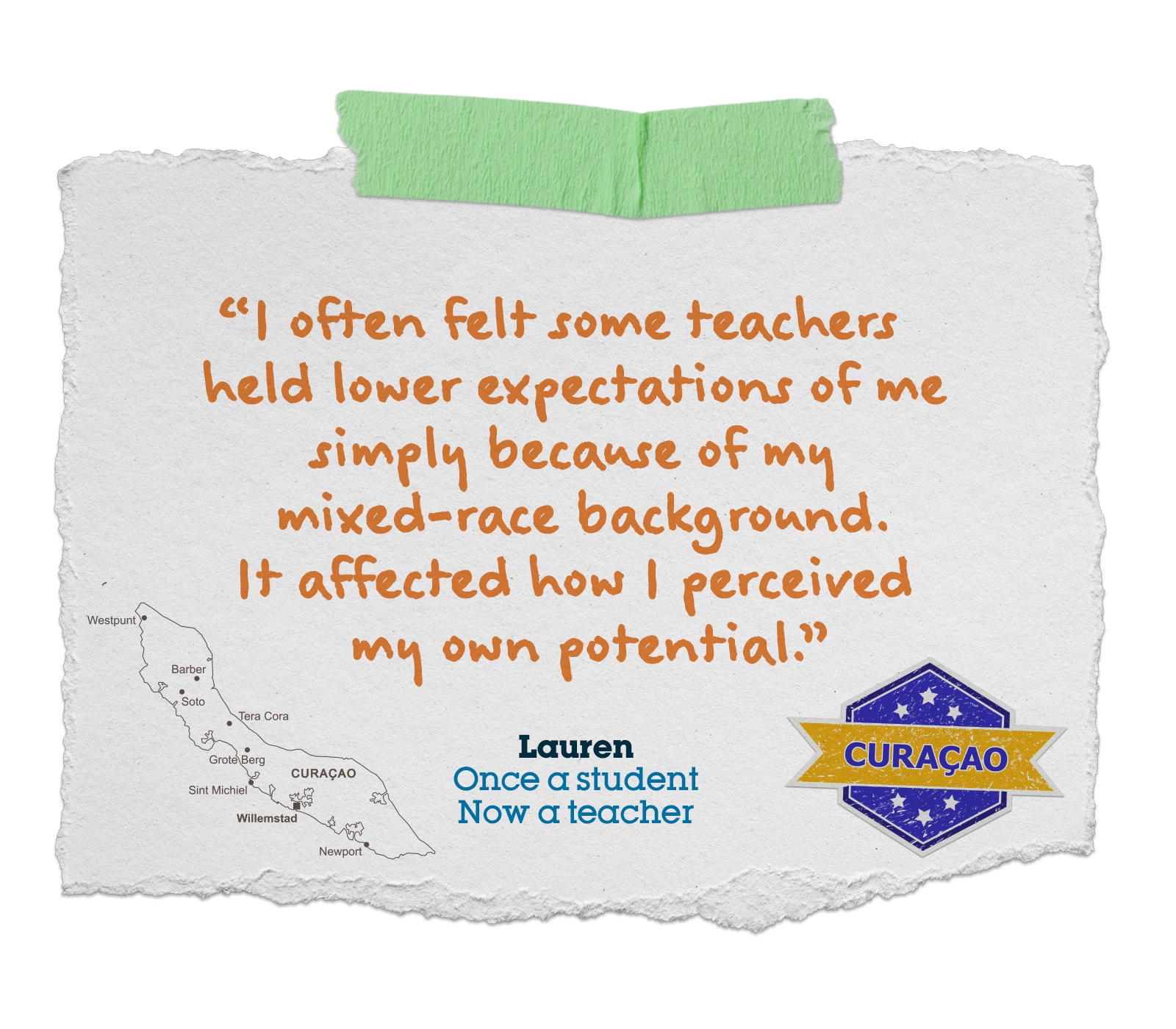Quote on torn paper: a teacher from Curaçao describes teachers lowering expectations for mixed-race students.
