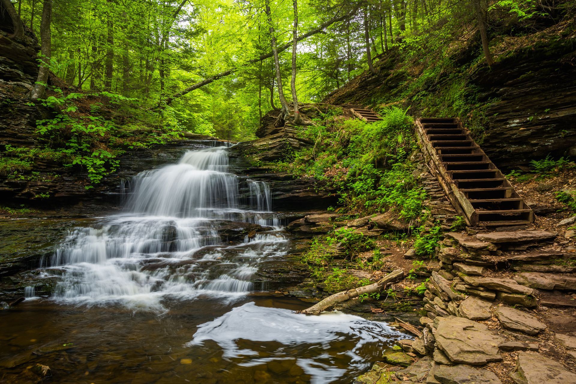Forest waterfall cascading over rocks beside a stone stairway and lush green trees