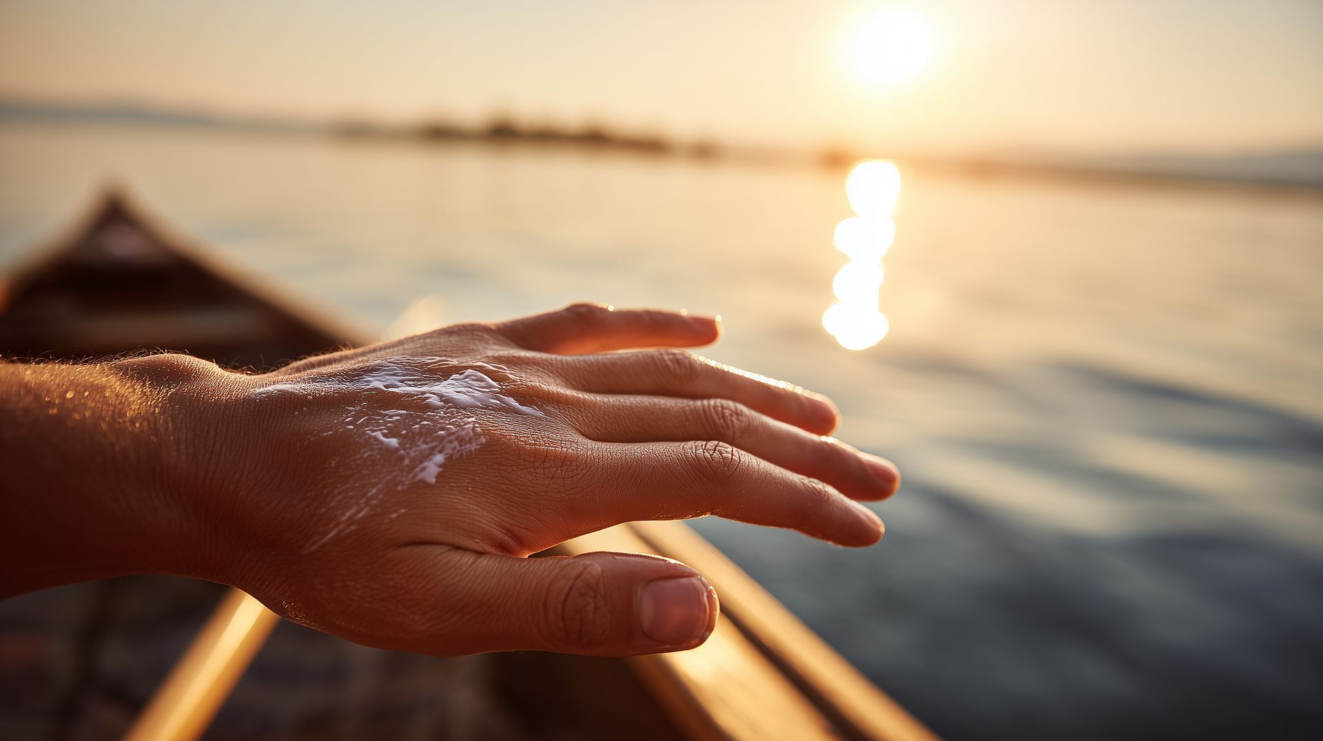 Hand resting on a wooden boat at sunset, with calm water and a bright reflection ahead